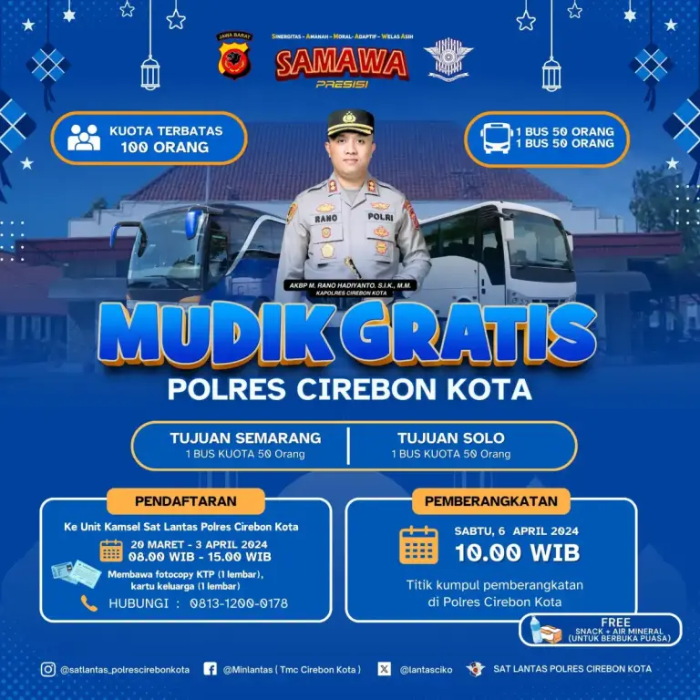 Polres Cirebon Kota Gelar Mudik Gratis Tujuan Semarang dan Solo
